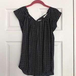 Lauren Conrad Navy Heart Patterned Short Sleeve Blouse with Tie Behind Neck